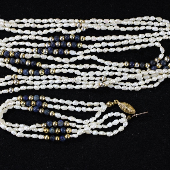 White Seed Pearl Gold Lapis Necklace Bracelet Set - Picture 6 of 8